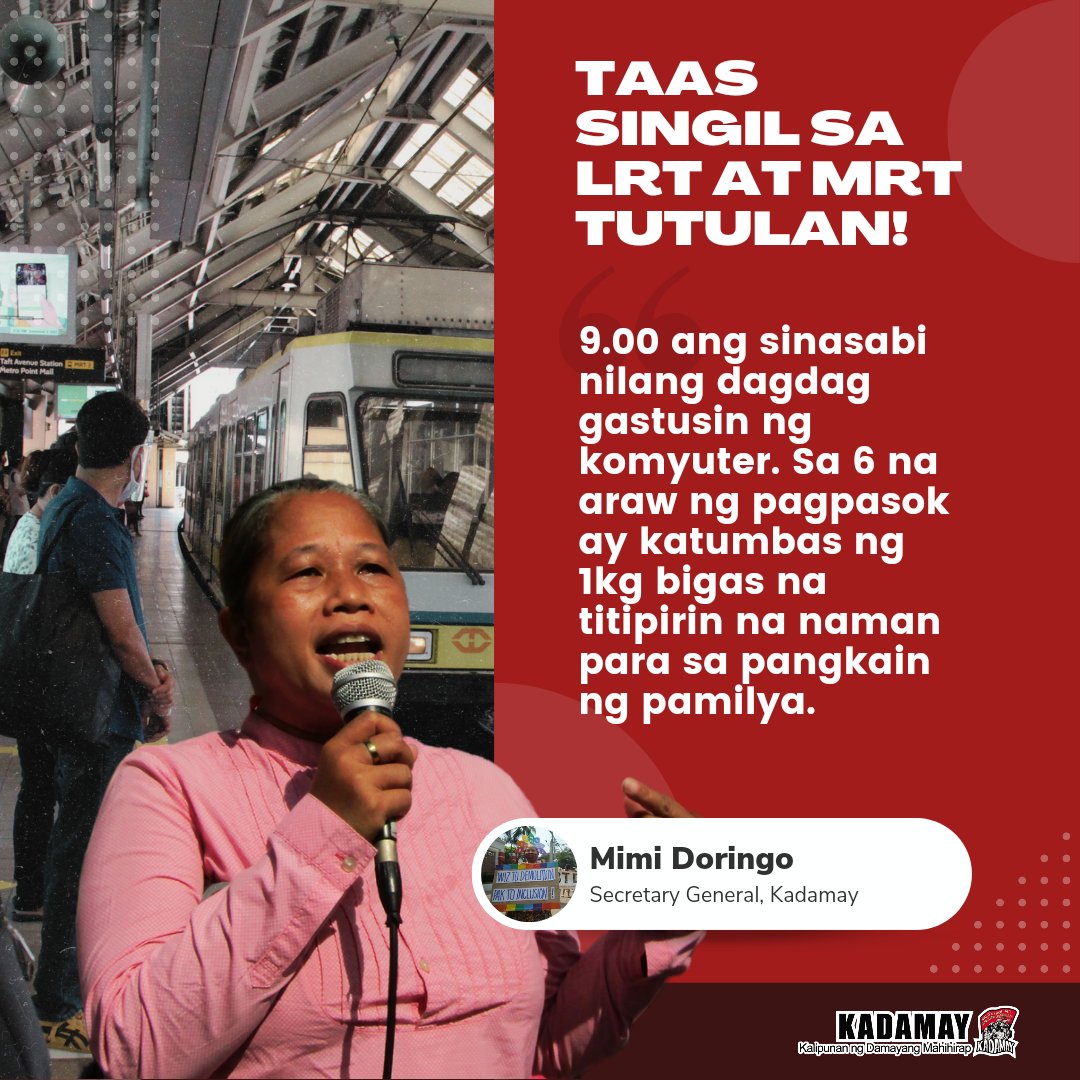 Kadamay Sec-Gen Mimi Doringo on planned MRT, LRT fare hike